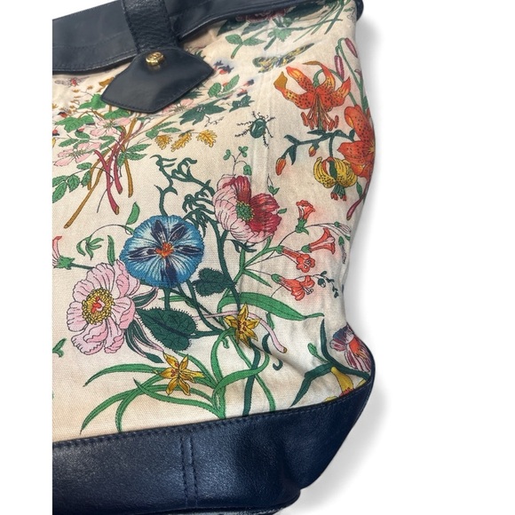 🌸 Gucci Large Flora Vintage Canvas Tote Bag Blue Leather Trim Floral Print - Picture 5 of 12